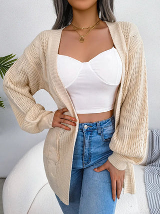 Cable-Knit Open Front Pocketed Cardigan Divacious