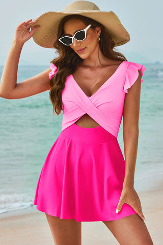 Cutout V-Neck Cap Sleeve One-Piece Swimwear Divacious