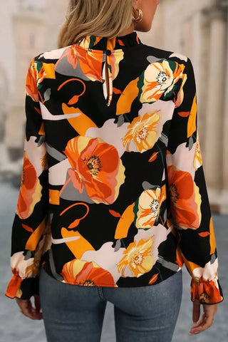 Floral Mock Neck Flounce Sleeve Blouse Divacious