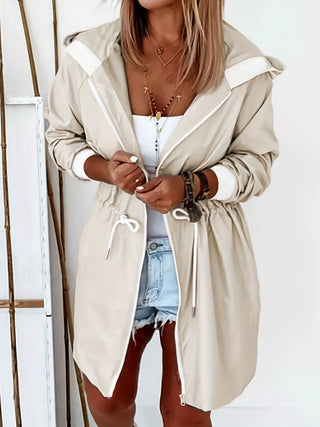 Drawstring Long Sleeve Hooded Trench Coat Divacious