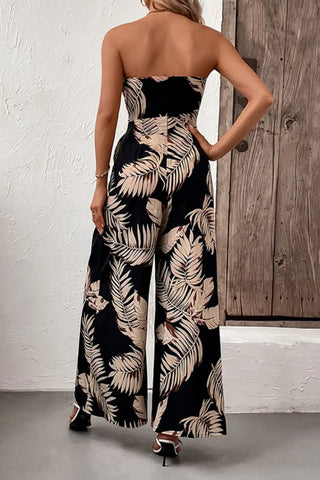 Printed Strapless Wide Leg Jumpsuit with Pockets Divacious