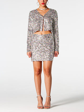 Sequin V-Neck Top and Mini Skirt Set Trendsi