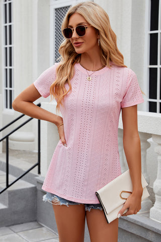 Eyelet Slit Round Neck Short Sleeve T-Shirt Divacious