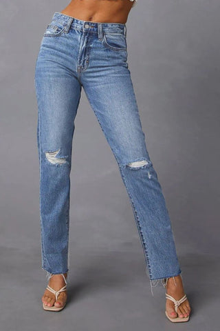 Distressed Raw Hem Straight Jeans with Pockets Divacious