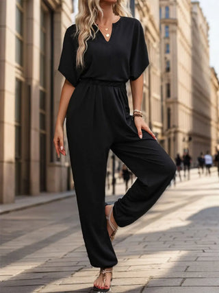 Notched Half Sleeve Straight Jumpsuit Divacious