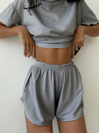 Striped Round Neck Top and Shorts Set Trendsi