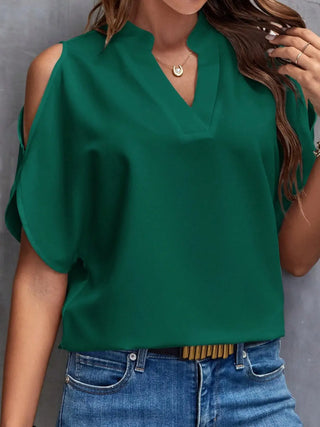 Notched Cold Shoulder Blouse Divacious