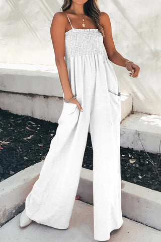 Smocked Spaghetti Strap Wide Leg Jumpsuit Divacious