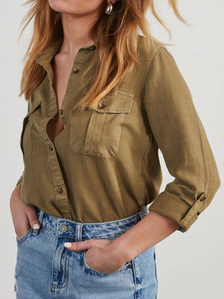 Collared Neck Roll-Tab Sleeve Denim Top - Divacious