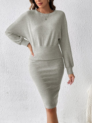 Ribbed Round Neck Top and Skirt Set Trendsi