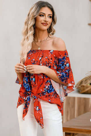 Tied Printed Off-Shoulder Half Sleeve Blouse Divacious