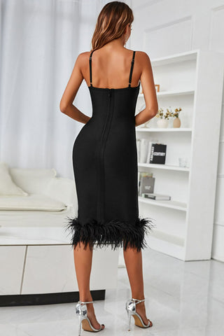 Spaghetti Strap Feather Trim Bodycon Dress Trendsi