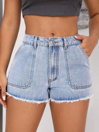 Raw Hem Pocketed Denim Shorts Divacious