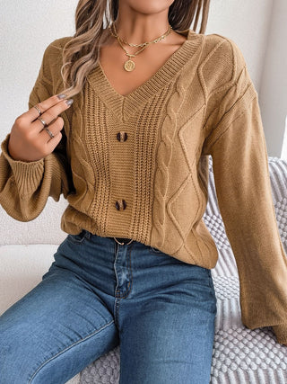 Cable-Knit Buttoned V-Neck Sweater Divacious