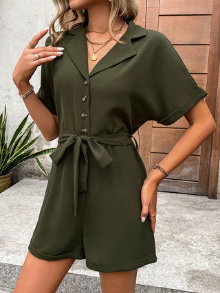 Half Button Tie Waist Short Sleeve Romper Divacious