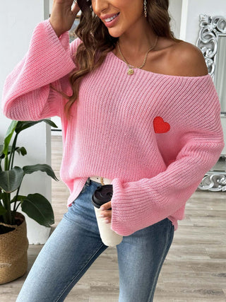 Heart Boat Neck Dropped Shoulder Sweater - Divacious