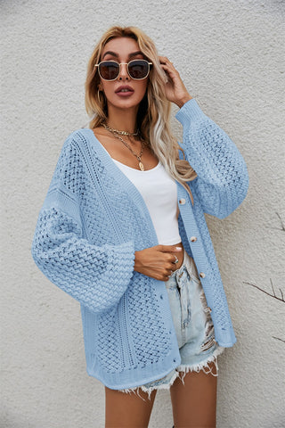 Openwork V-Neck Button Up Cardigan Divacious