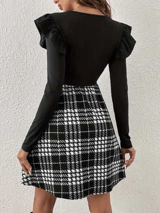 Ruffled Plaid Round Neck Long Sleeve Dress - Divacious