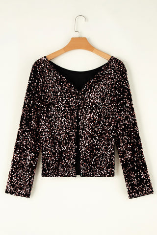 Sequin Round Neck Long Sleeve Blouse Divacious