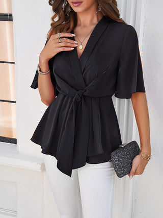 Surplice Tie Waist Half Sleeve Blouse Divacious