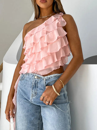 Layered Ruffled One Shoulder Tank Divacious