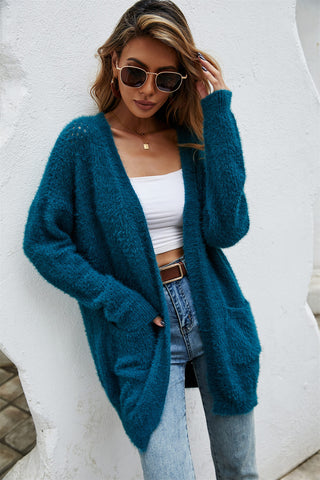 Open Front Openwork Fuzzy Cardigan with Pockets Divacious