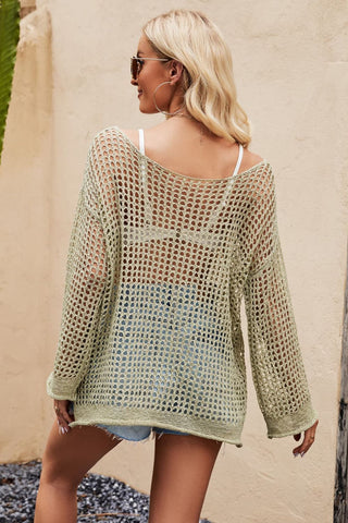 Openwork Round Neck Long Sleeve Cover Up Divacious