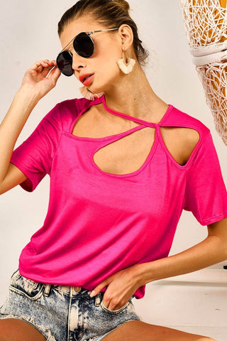 Cutout Asymmetrical Neck Short Sleeve T-Shirt Divacious