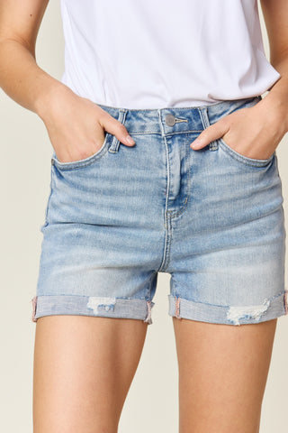 Full Size High Waist Rolled Denim Shorts Divacious