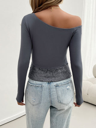 Single Shoulder Long Sleeve Lace T-Shirt Divacious