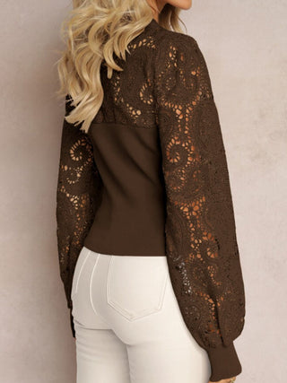 Lace Round Neck Long Sleeve T-Shirt - Divacious