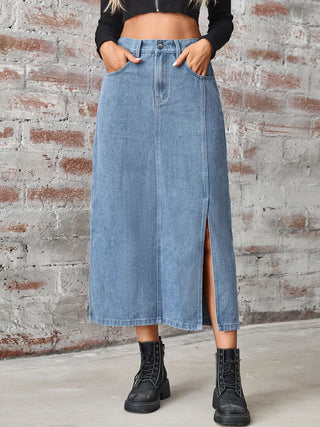 Slit High Waist Denim Skirt with Pockets Divacious