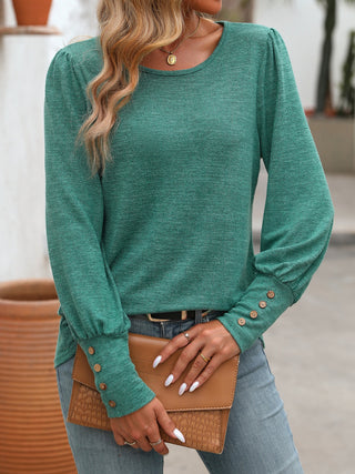 Decorative Button Round Neck Long Sleeve T-Shirt Divacious