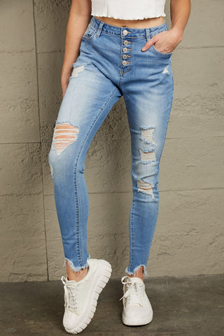 Baeful Button Front Frayed Ankle Skinny Jeans Divacious