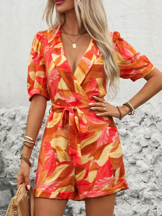 Printed Surplice Half Sleeve Romper Divacious