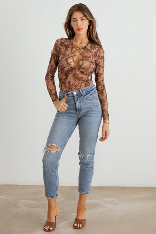 HERA COLLECTION Abstract Mesh Lace-Up Long Sleeve Bodysuit Divacious