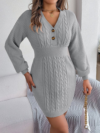 Buttoned Cable-Knit V-Neck Sweater Dress Divacious