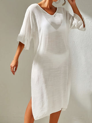 Slit V-Neck Flounce Sleeve Cover-Up Divacious