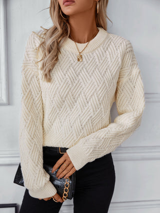 Round Neck Long Sleeve Woven Sweater - Divacious