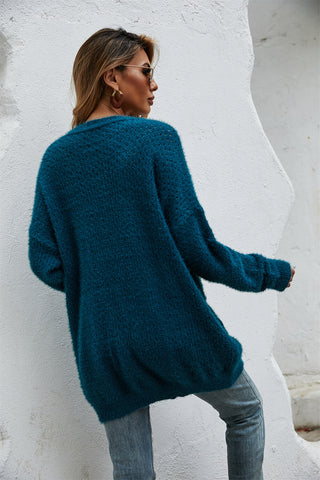 Open Front Openwork Fuzzy Cardigan with Pockets Divacious