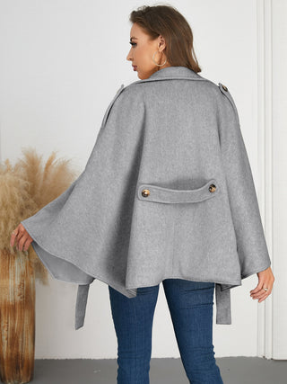 Double-Breasted Tie Waist Poncho - Divacious