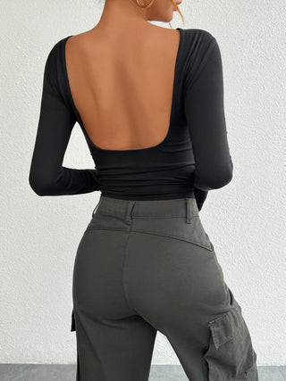 Backless Round Neck Long Sleeve T-Shirt Divacious