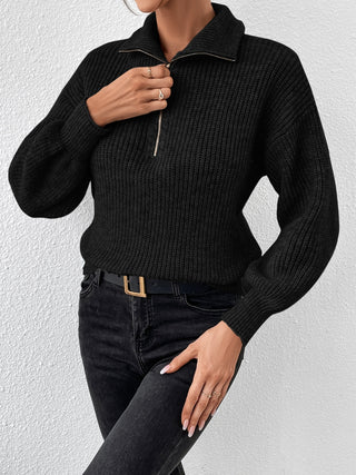 Half Zip Dropped Shoulder Sweater - Divacious