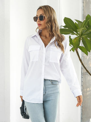 Collared Neck Buttoned Shirt with Pockets Divacious