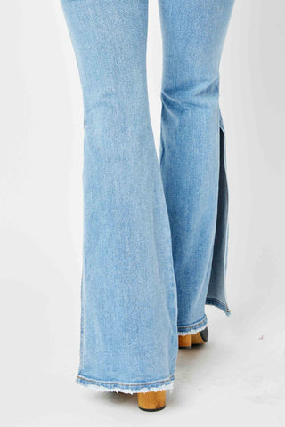 Full Size Mid Rise Raw Hem Slit Flare Jeans Divacious