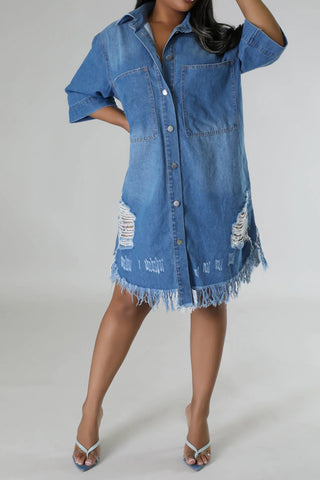 Distressed Raw Hem Button Up Denim Dress Divacious