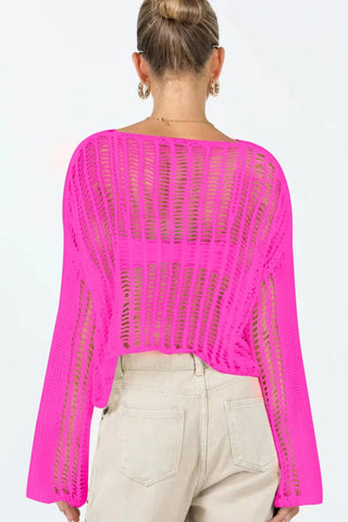 Openwork Boat Neck Long Sleeve Cover Up Divacious