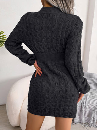 Cable-Knit Round Neck Mini Wrap Sweater Dress Divacious