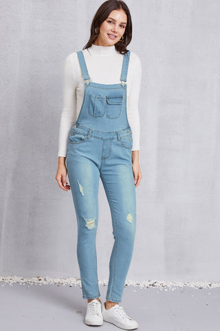 Distressed Washed Denim Overalls with Pockets Divacious