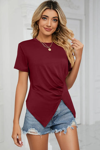 Ruched Round Neck Short Sleeve T-Shirt Divacious